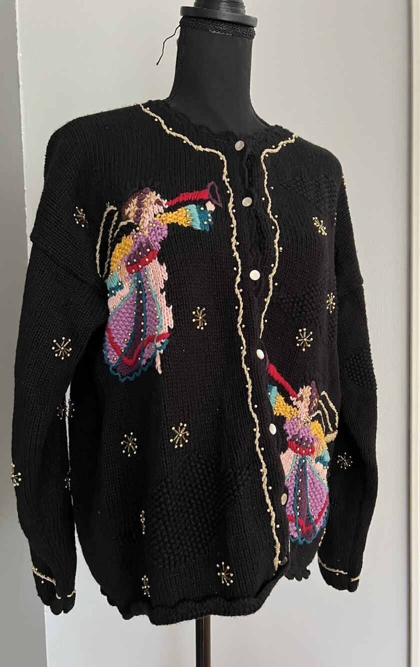 Stitches in Time Womens Cardigan Sweater Christmas Holiday Angels Size Large